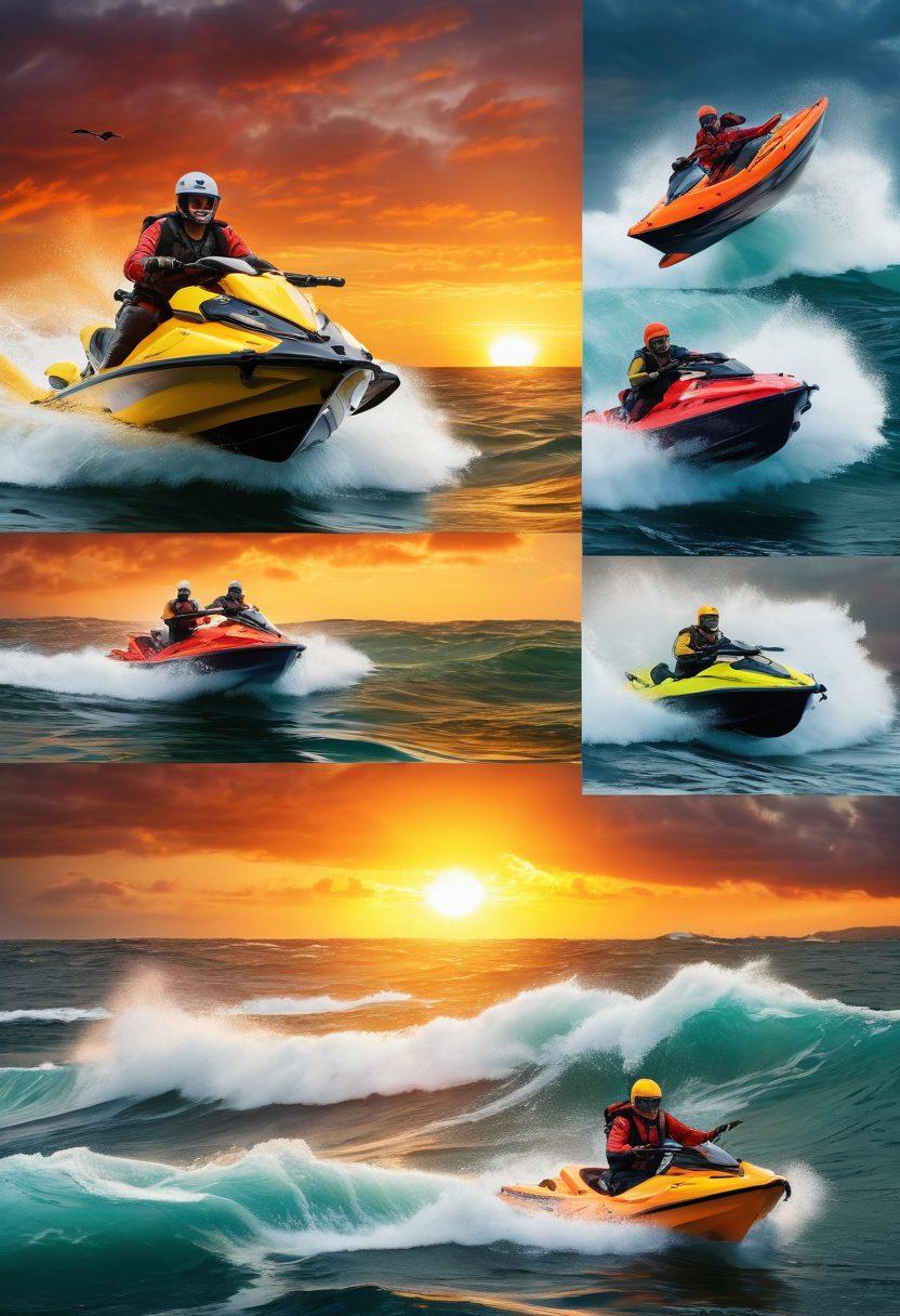A dynamic collage showcasing various watercraft including kayaks, sailboats, and jet skis navigating turbulent waves, with safety gear prominently featured like life jackets and helmets. The background should depict a vibrant sunrise reflecting on the water, symbolizing adventure and safety. Emphasize the theme of comprehensive protection with shield-like elements integrated into the design. super-realistic. vibrant colors. 3D.