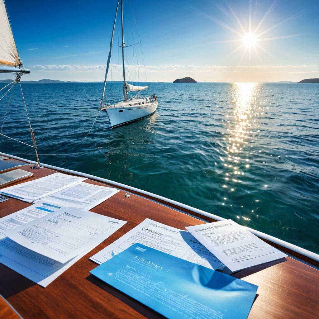 A serene maritime scene illustrating a transition from a classic sailboat to a luxurious yacht, symbolizing diverse insurance options at sea. Include crystal-clear waters, sunlight reflecting on the surface, with a tranquil sky. Emphasize a sense of peace and security, featuring insurance documents subtly placed on the yacht deck. super-realistic. vibrant colors. soft focus.