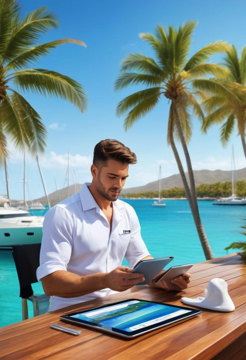 A serene coastal scene featuring a luxurious yacht docked at a pristine marina with azure waters and palm trees swaying in the breeze, accompanied by a confident sailor reviewing a yacht insurance policy on a tablet. Include elements such as a clear blue sky and distant islands in the background to evoke a sense of adventure and security. super-realistic. vibrant colors. nautical theme.